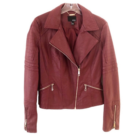 A.n.a Womens Red Faux Leather Jacket Moto Sz S Zipped Pockets and Cuffs Textured - Picture 1 of 14